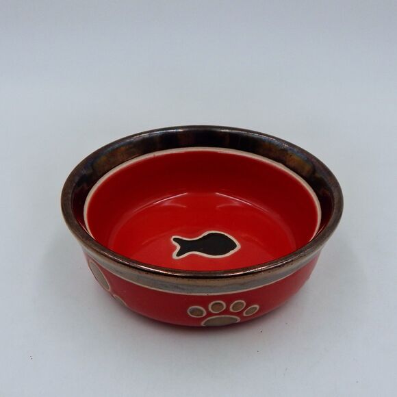 Spot Small 5 Inch Ritz Copper Rimmed Red Stoneware Cat Dish Fish - Picture 1 of 9